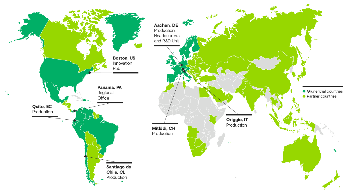 Karte der weltweiten Grünenthal-Niederlassungen mit einer Übersicht über die Produktionsstandorte und die Bereiche unserer Partnerunternehmen